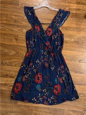 Xhilaration Navy Floral Wrap Mini Dress with Red & Teal Flowers